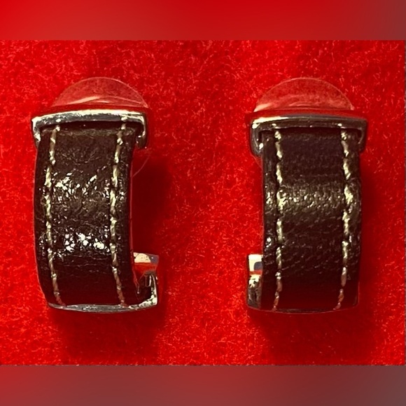 Earrings Silver Tone/Black Leather Pierced Semi-hoop New 1” Long Vintage - Picture 1 of 3